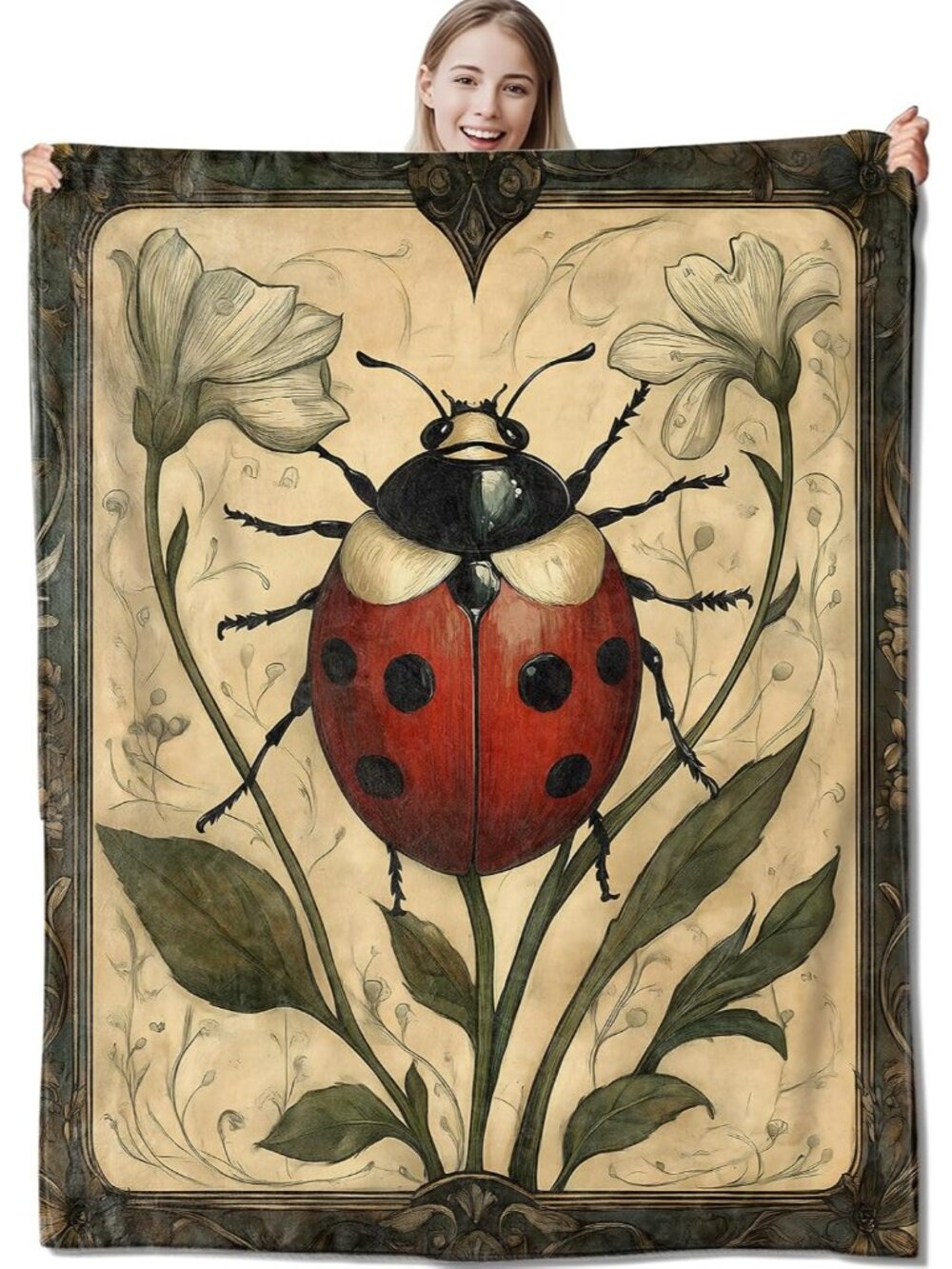 Vintage Ladybug Flannel Throw Blanket 50x60 Inch, Botanical Insect Illustration